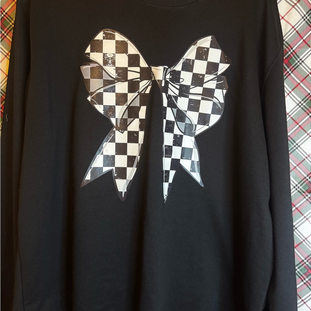 Black Sweatshirt with Checkered Bow Design
